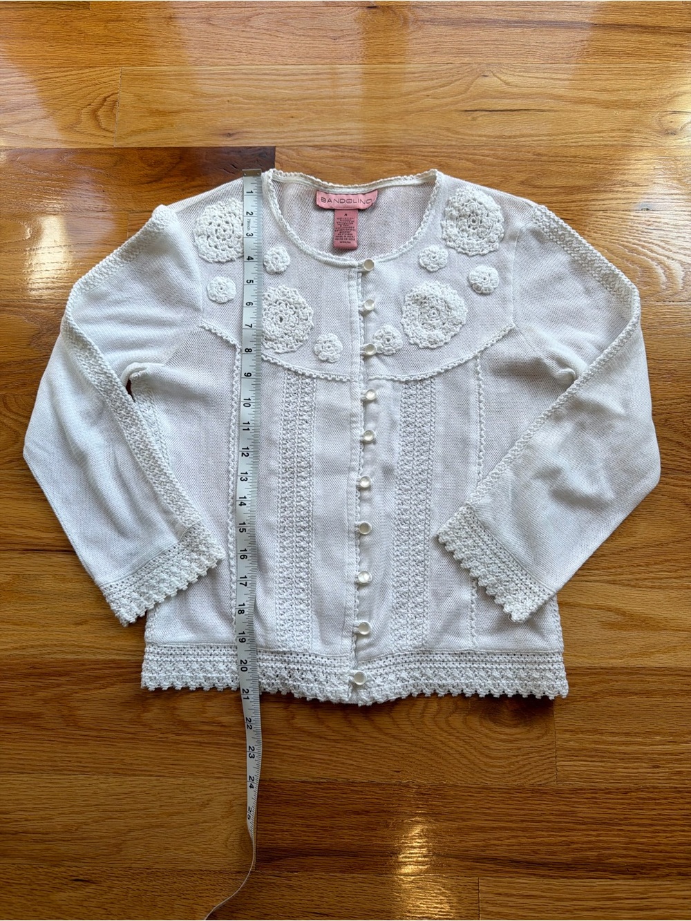 Bandolino White Knit Women's Cardigan with Crochet Edge-  Quarter Sleeve-Size 4 - Picture 9 of 9